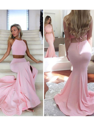 Light Pink Two Pieces Halter A-Line Evening Gown Maxi Long Evening Party Prom Dresses With Slit ,MB655