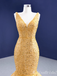 Shiny Yellow V Neck Mermaid Lace up Back Party Dress Long Prom Dresses to Impress ,MB969