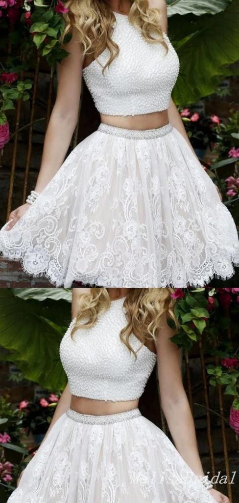 Two Pieces White Beaded Lace Appliques A-Line Graduation Party Short Homecoming Dresses With Bow Knot, HD417