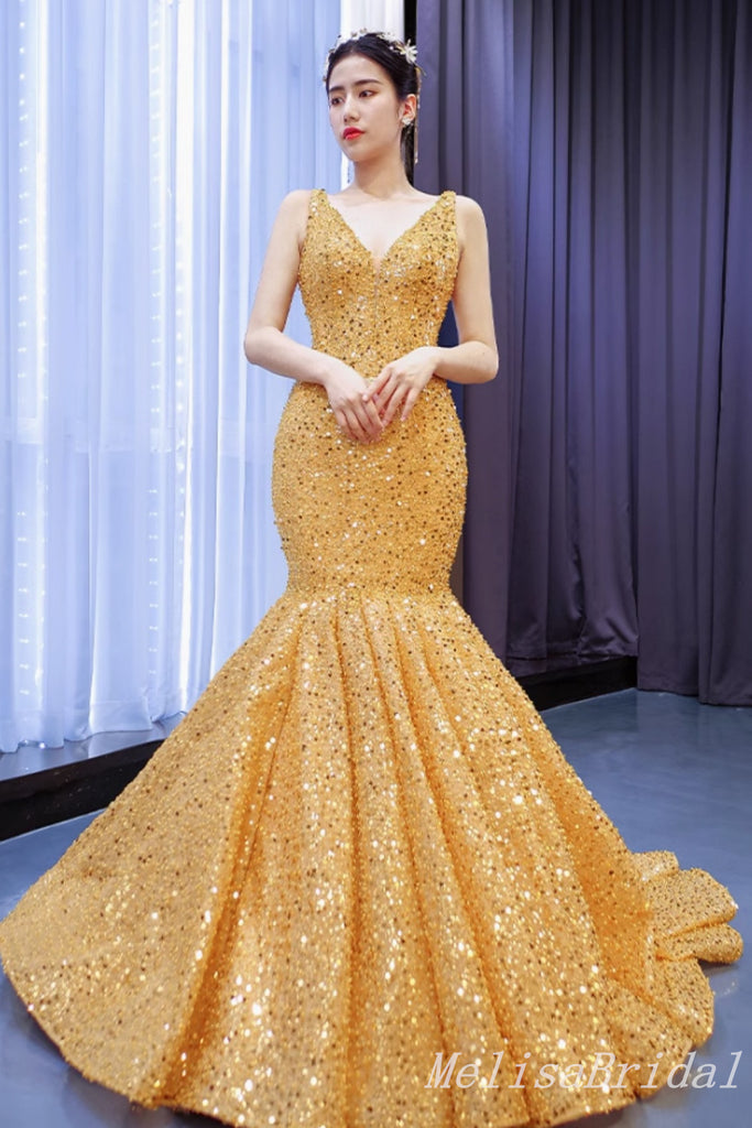 Shiny Yellow V Neck Mermaid Lace up Back Party Dress Long Prom Dresses to Impress ,MB969