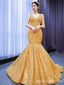 Shiny Yellow V Neck Mermaid Lace up Back Party Dress Long Prom Dresses to Impress ,MB969