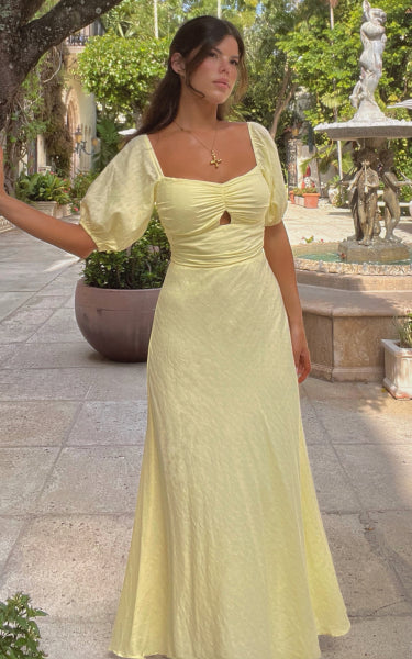 Elegant Yellow Half Sleeves A-Line Long Prom Dresses,MB38