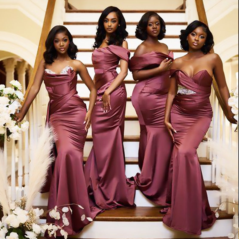 Mismached burgundy Simple Mermaid Long Cheap Bridesmaid Dresses ,BD117