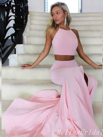 Light Pink Two Pieces Halter A-Line Evening Gown Maxi Long Evening Party Prom Dresses With Slit ,MB655