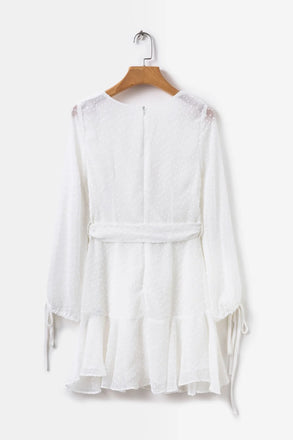 Elegant White V Neck Long Sleeves Ruffles Simple Cheap Short Homecoming Dresses, HD44