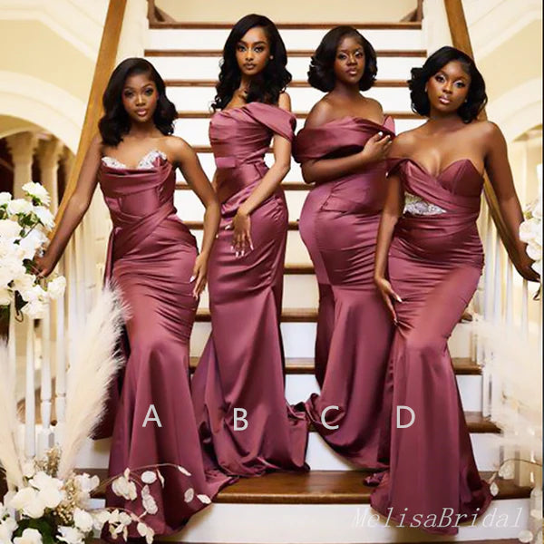 Mismached burgundy Simple Mermaid Long Cheap Bridesmaid Dresses ,BD117