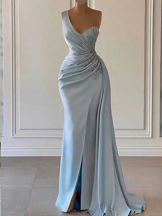 Light Blue One Shoulder Mermaid Evening Gown Maxi Long Evening Party Prom Dresses with Slit,MB726