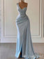 Light Blue One Shoulder Mermaid Evening Gown Maxi Long Evening Party Prom Dresses with Slit,MB726