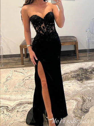 Sexy Black High Slit Lace Appliques Strapless Evening Gown Long Prom Dresses,MB253