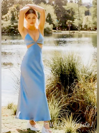 Sexy Blue V Neck Spaghetti Straps Mermaid Sleeveless Evening Prom Dresses,MB146