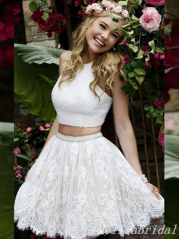 Two Pieces White Beaded Lace Appliques A-Line Graduation Party Short Homecoming Dresses With Bow Knot, HD417