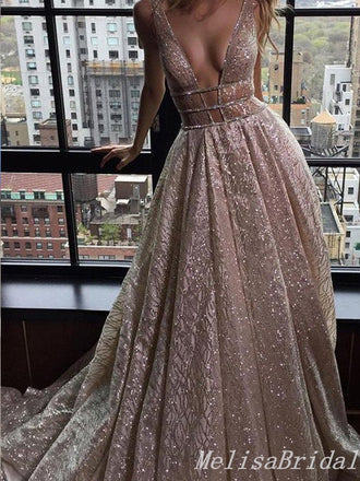 Sexy Plunging Beaded Sparkle Deep V-neck A-line Evening Gown Long Formal Dresses Prom Dresses,MB366