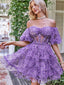 Sexy Floral Sweetheart Off Shoulder Purple Floral Short Homecoming Dresses, HD255