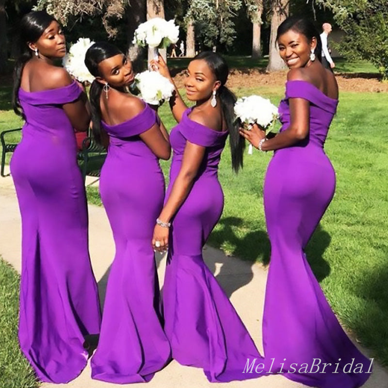 Elegant Dark Purple Off Shoulder Simple Cheap Mermaid Long Bridesmaid Dresses ,BD122