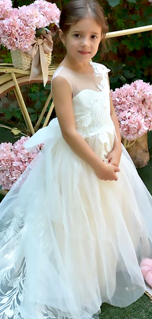 Elegant White Tulle Lace Appliques A-Line Cheap Simple Long Flower Girl Dresses,FG49