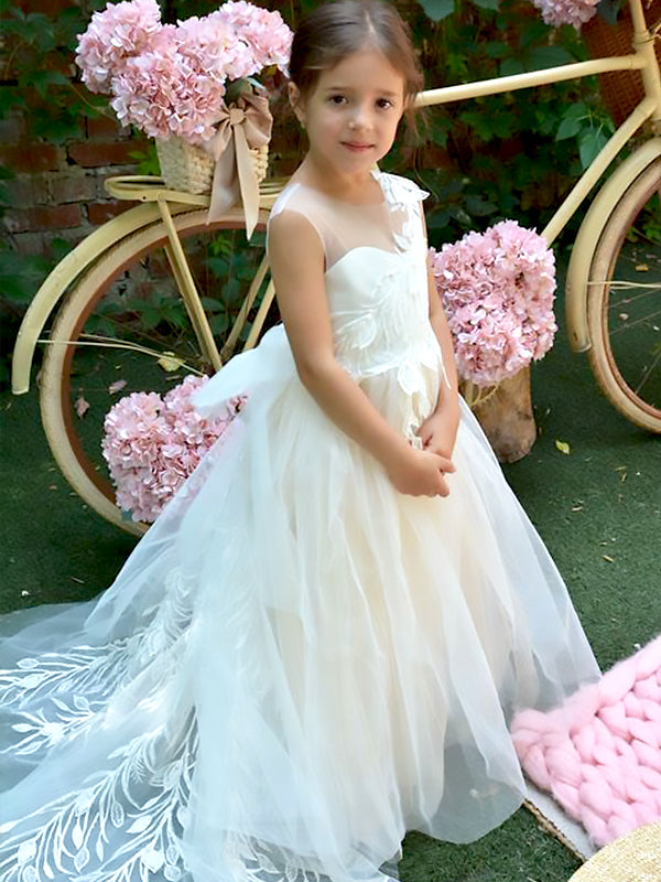 Elegant White Tulle Lace Appliques A-Line Cheap Simple Long Flower Girl Dresses,FG49