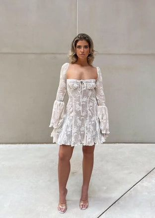 Elegant White Lace Off Shoulder Long Sleeves Mermaid Short Homecoming Dresses, HD48