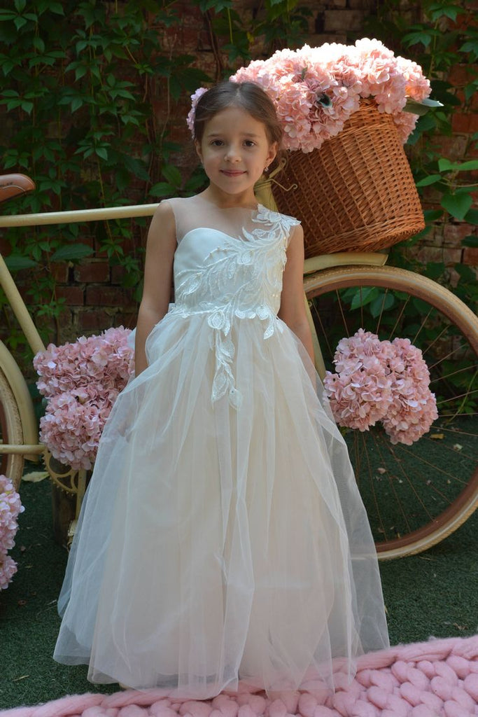 Elegant White Tulle Lace Appliques A-Line Cheap Simple Long Flower Girl Dresses,FG49