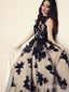 A-line Black Appliques Halter Evening Gown Maxi Long Evening Party Prom Dresses,MB807