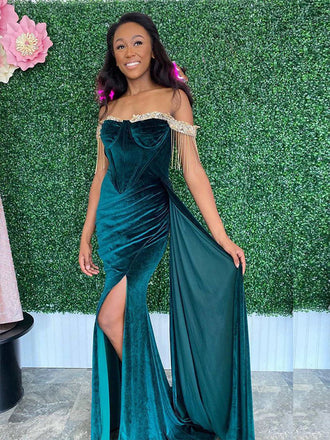 Velvet Off Shoulder Sweetheart Beaded Mermaid Evening Gown Maxi Long Evening Party Prom Dresses,MB701