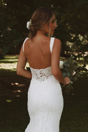 Elegant White Spaghetti Straps V Neck Lace Appliques Mermaid Long Wedding Dresses,WD40