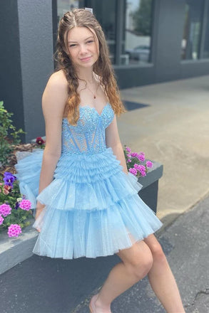 Elegant Blue Ruffles Tulle Lace Appliqueas Illusion A-Line Simple Short Homecoming Dresses, HD65