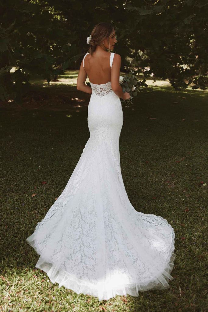 Elegant White Spaghetti Straps V Neck Lace Appliques Mermaid Long Wedding Dresses,WD40