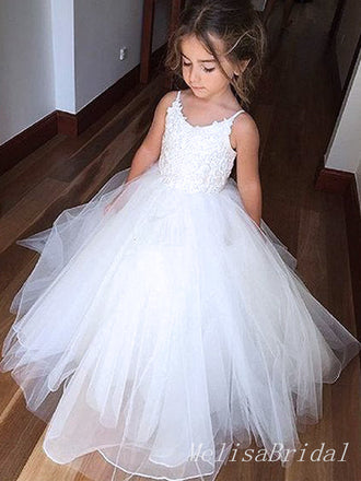 Cute White Tulle Spaghetti Straps A- Line Lace Cheap  Flower Girl Dresses ,FG13
