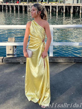 Elegant One Shoulder Sheath Yellow Evening Gown Long Formal Dresses Prom Dresses,MB405