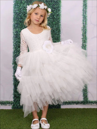 Cute White Lace Appliques Tulle Ruffle Long Sleeve A- Line Cheap Long Flower Girl Dresses ,FG29