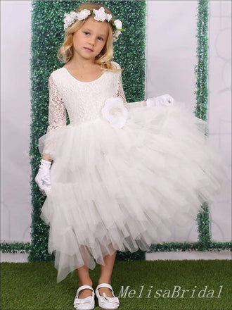 Cute White Lace Appliques Tulle Ruffle Long Sleeve A- Line Cheap Long Flower Girl Dresses ,FG29