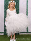 Cute White Lace Appliques Tulle Ruffle Long Sleeve A- Line Cheap Long Flower Girl Dresses ,FG29