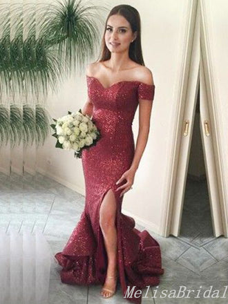 Sexy Off-The-Shoulder Sweetheart Side Slit Evening Gown Maxi Long Formal Dresses Prom Dresses With Ruffles,MB504