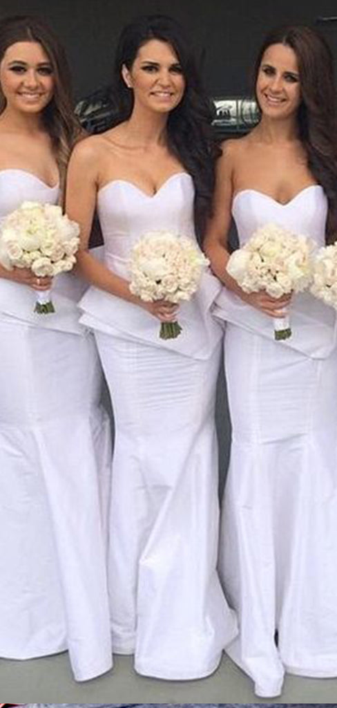 Elegant White Sweetheart Ruffle Simple Cheap Mermaid Long Bridesmaid Dresses ,BD152