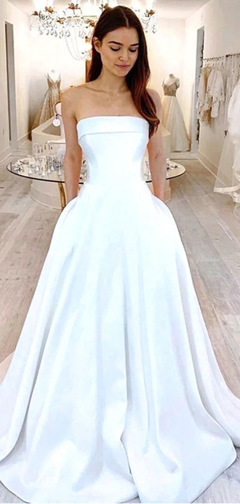 Elegant White Strapless A- Line Satin Long Wedding Dresses, WD33