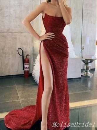 Sexy Burgundy Sparkle Strapless High Slit Evening Gown Long Prom Dresses,MB308