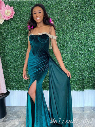 Velvet Off Shoulder Sweetheart Beaded Mermaid Evening Gown Maxi Long Evening Party Prom Dresses,MB701