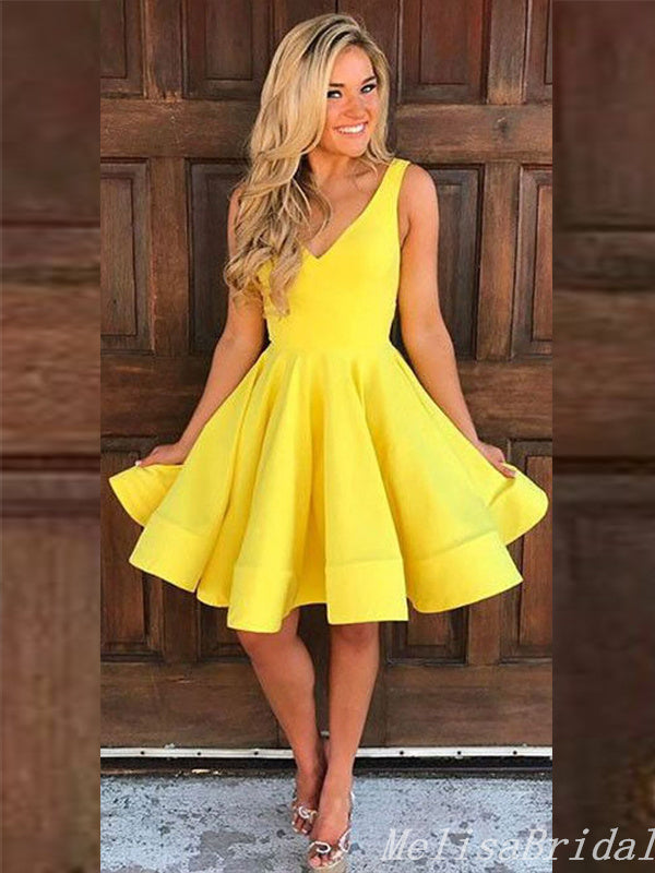 Elegant Yellow A-Line V-Neck Graduation Party Homecoming Dresses With Ruffles, HD330