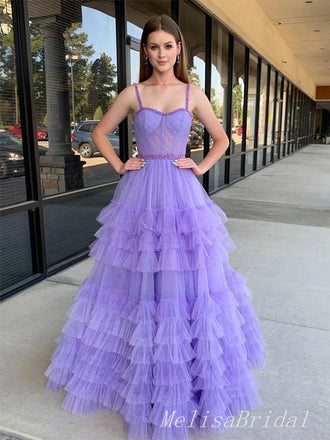 Sexy Light Purple Spaghetti Straps Ruffle Tulle A- Line Long Evening Prom Dresses,MB103