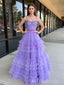 Sexy Light Purple Spaghetti Straps Ruffle Tulle A- Line Long Evening Prom Dresses,MB103