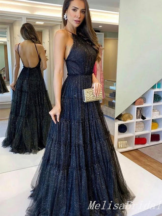 Elegant Sexy Black Halter Open Back A-line Evening Gown Long Prom Dresses with Pleats,MB273