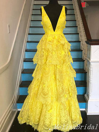 Yellow A-Line Deep V-Neck Lace Appliques Evening Gown Maxi Long Formal Dresses Prom Dresses,MB574
