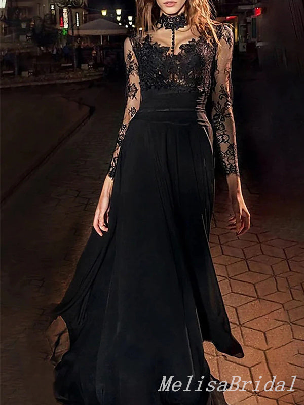 Gorgeous Sexy Black Lace Yarn Appliques A-line Long Prom Dresses Evening Gown,MB171