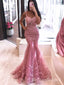 Elegant Pink Spaghetti Straps Lace Appliques Tulle Mermaid Sleeveless Cheap Simple Evening Prom Dresses,MB153