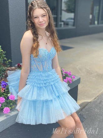 Elegant Blue Ruffles Tulle Lace Appliqueas Illusion A-Line Simple Short Homecoming Dresses, HD65