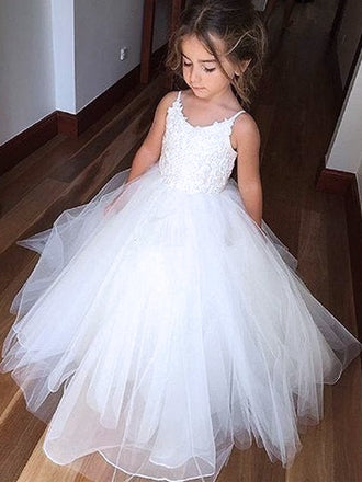 Cute White Tulle Spaghetti Straps A- Line Lace Cheap  Flower Girl Dresses ,FG13