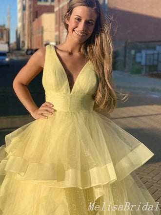 Light Yellow Layer A-Line V-Neck Fluffy Evening Ball Gown Maxi Long Formal Dresses Prom Dresses,MB575