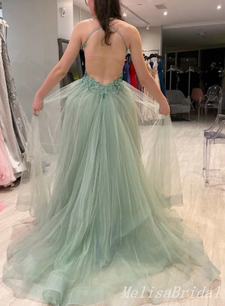 Sexy Plunging Light Green High Slit Tulle A-line Open Back Evening Gown Long Prom Dresses,MB309