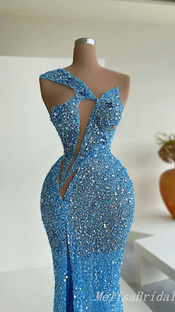 Sexy Blue One Shoulder Sparkle High Slit Mermaid Evening Gown Long Formal Dresses Prom Dresses,MB367