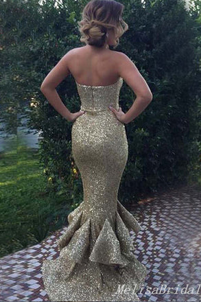Sexy Sparkle Strapless Sweetheart Mermaid Evening Gown Maxi Long Formal Dresses Prom Dresses With Ruffles ,MB425